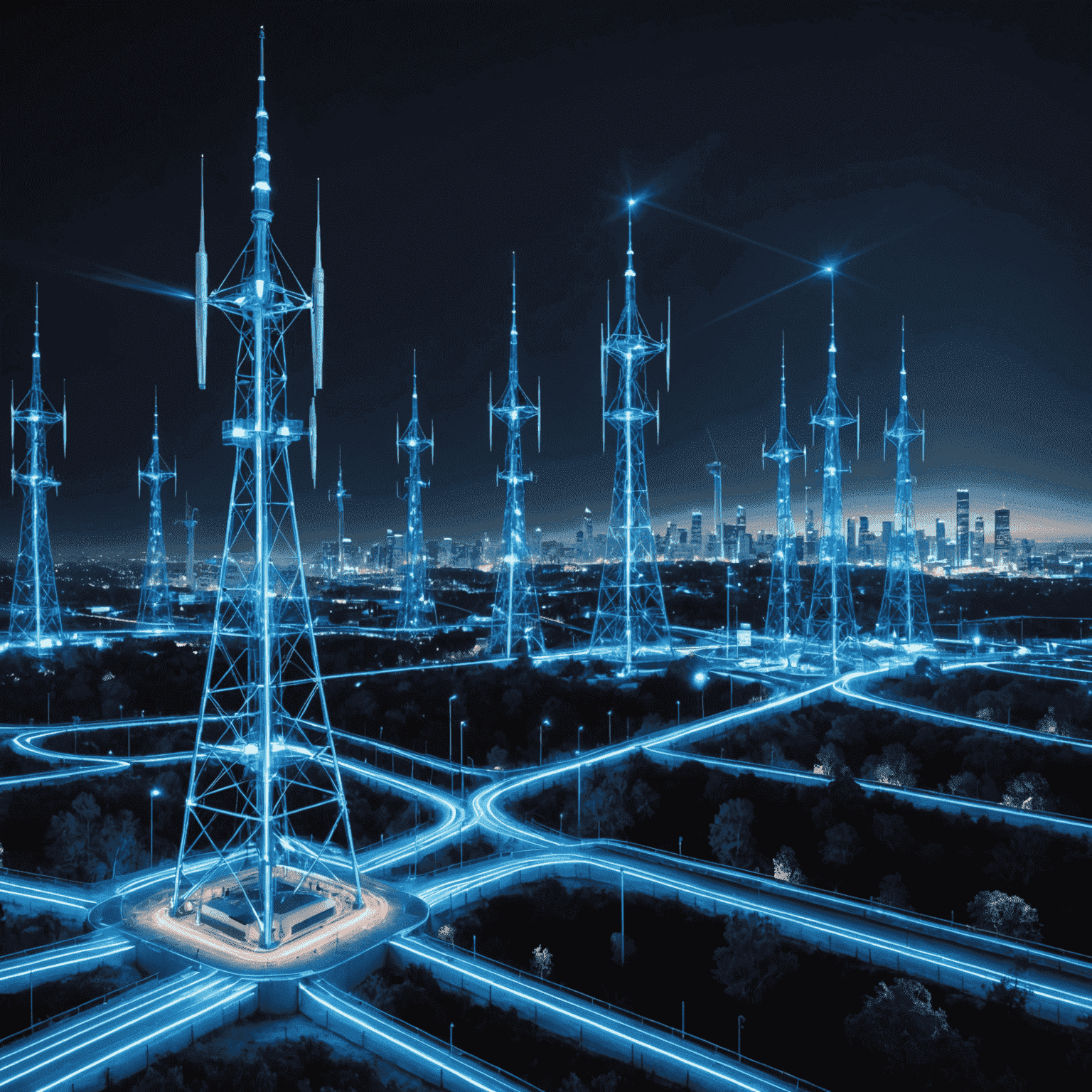 صورة توضيحية لشبكة الجيل الخامس 5G تظهر أبراج الاتصالات والأجهزة المحمولة المتصلة بخطوط نيون زرقاء تمثل سرعة الاتصال العالية
