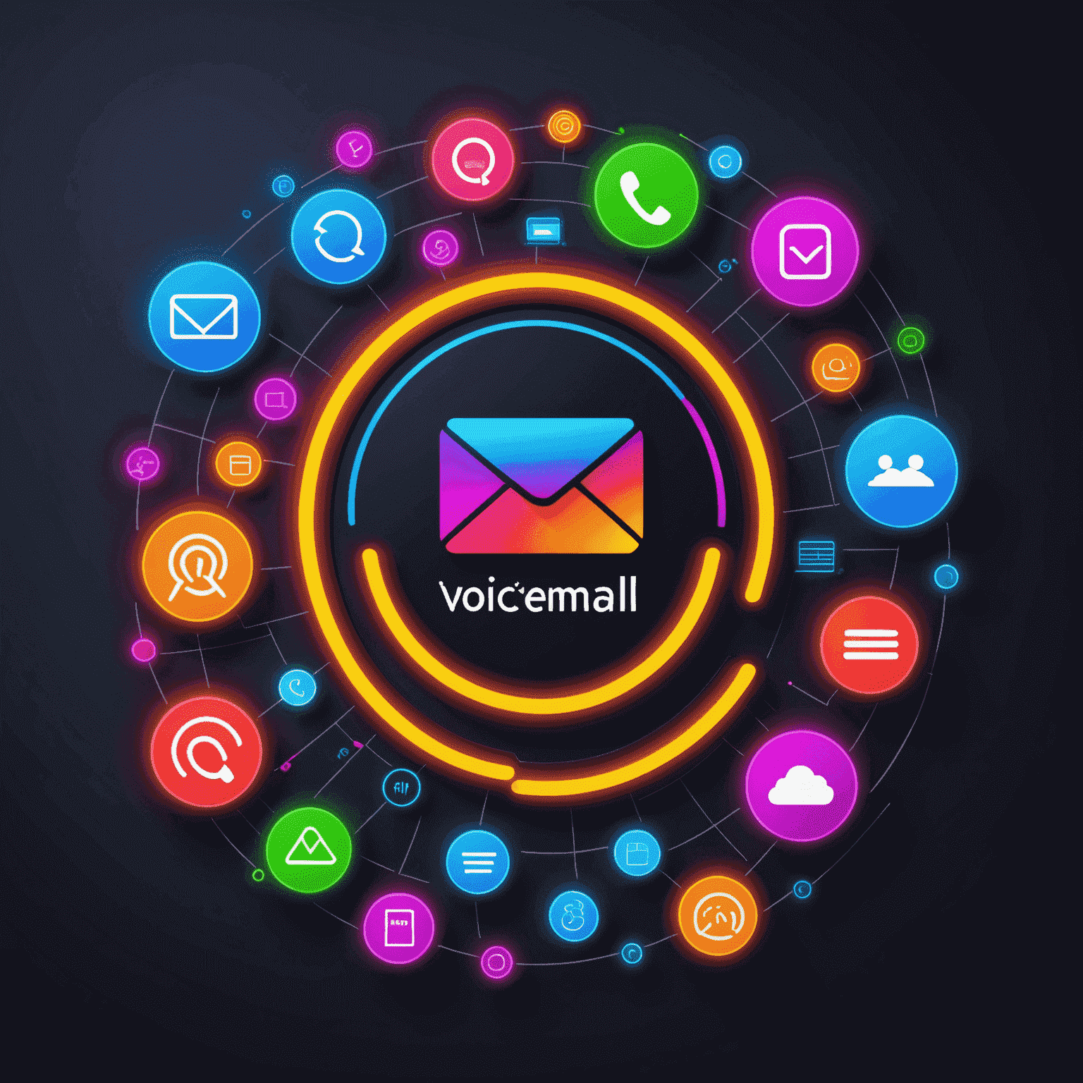 صورة توضيحية للخدمات ذات القيمة المضافة، تظهر أيقونات للبريد الصوتي وهوية المتصل وتحويل المكالمات بألوان نيون